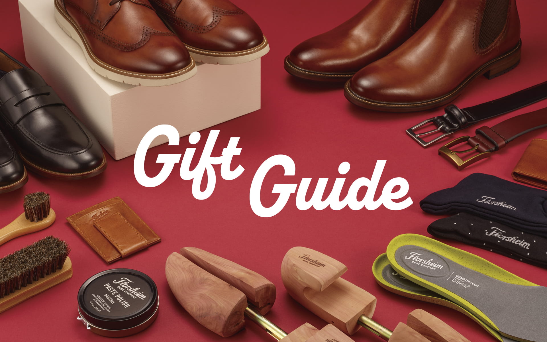 Shop the Florsheim gift guide featuring a variety of gifts on a red background.