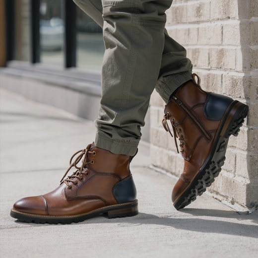 The image features a model leaning against a brick wall while wearing gray pants and brown and blue Men’s boots. Shop the Men’s Dress Boots category now.