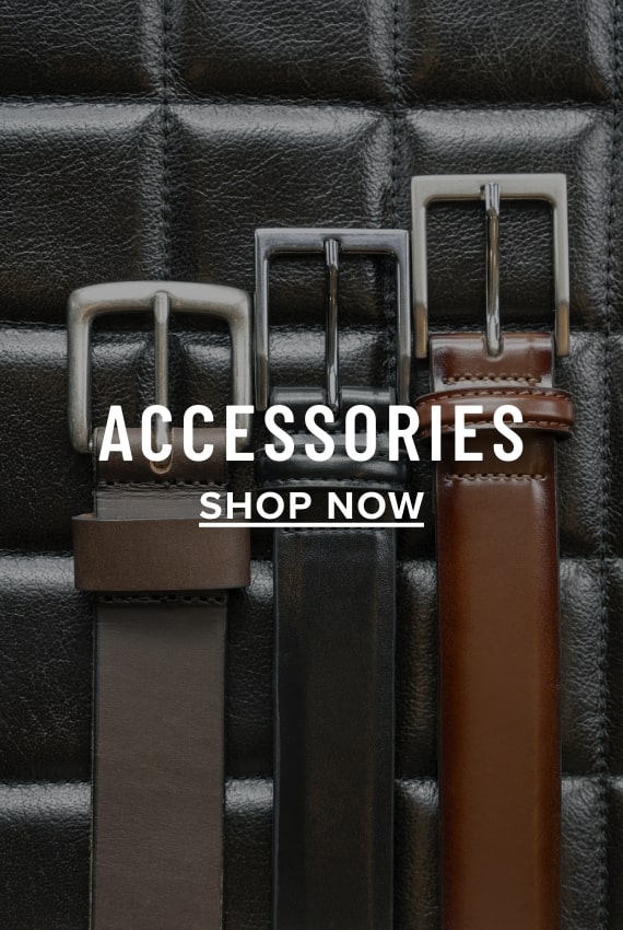 Men's Accessories view all category. Image features a variety of Florsheim belts. 
