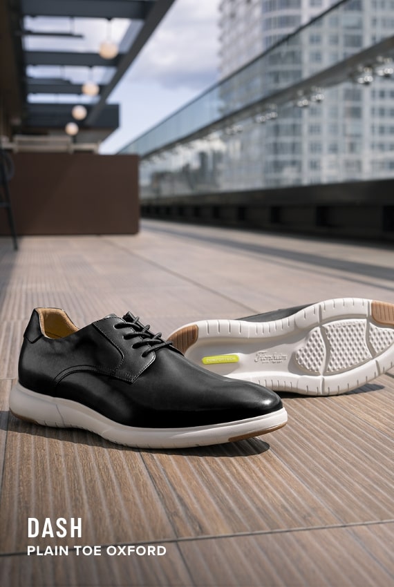 Florsheim Comfortech category. Image features the Dash Plain Toe Oxford in black.