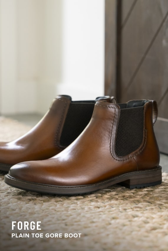 Men's Dress Shoes category. Image features the Forge gore boot in cognac.