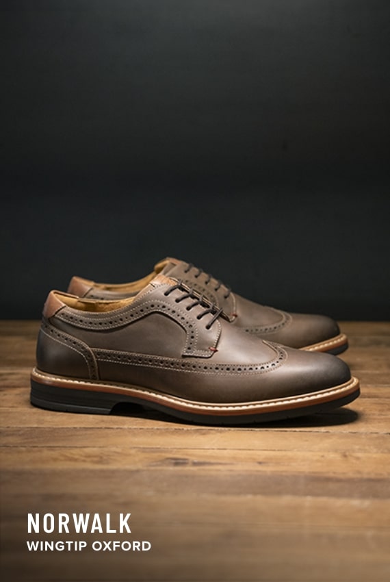 Men's Dress Shoes category. Image features the Norwalk wingtip in brown.