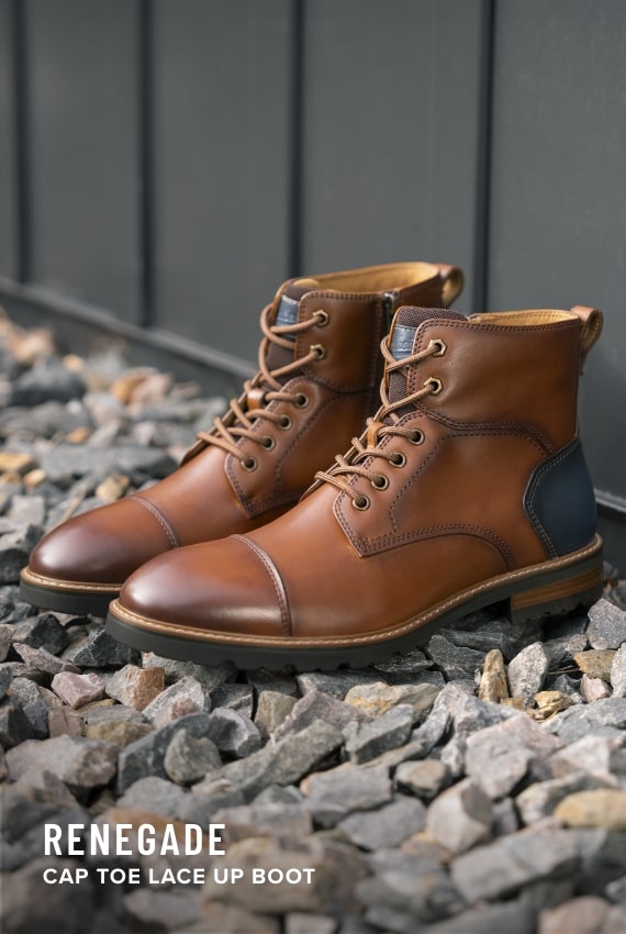 Shoes for Men view all category. Image features the Renegade Cap Toe Boot in cognac.