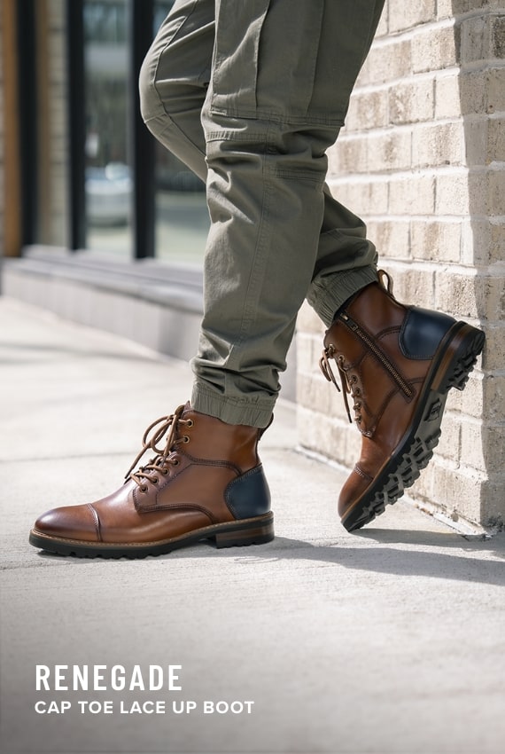 Men's Dress Boots category. Image features the Renegade cap toe boot in cognac.