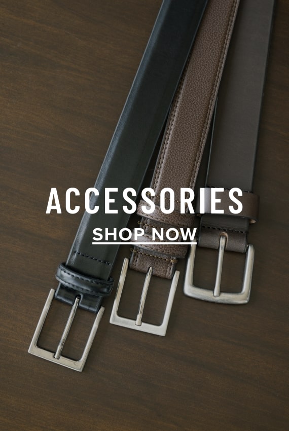 Men's Accessories view all category. Image features a variety of Florsheim belts. 