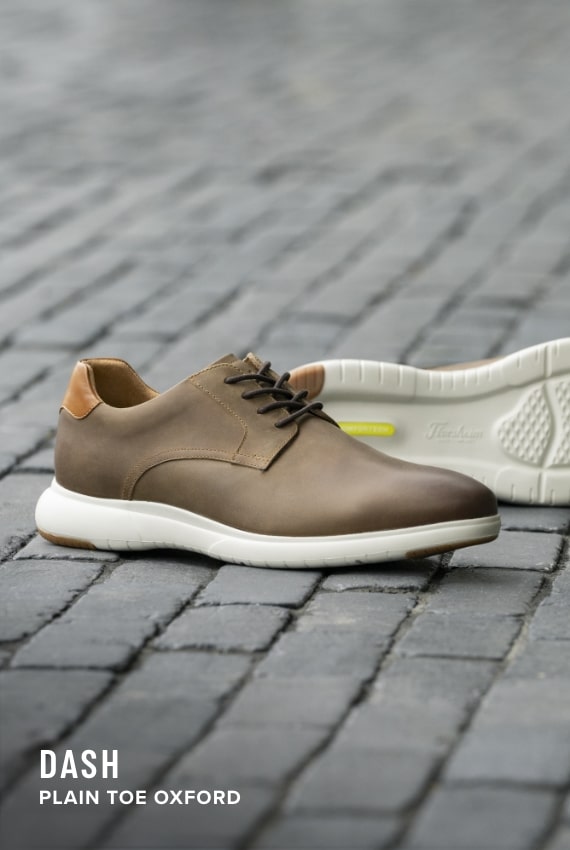 Hybrid Styles Image features the Dash Plain Toe Oxford in brown.