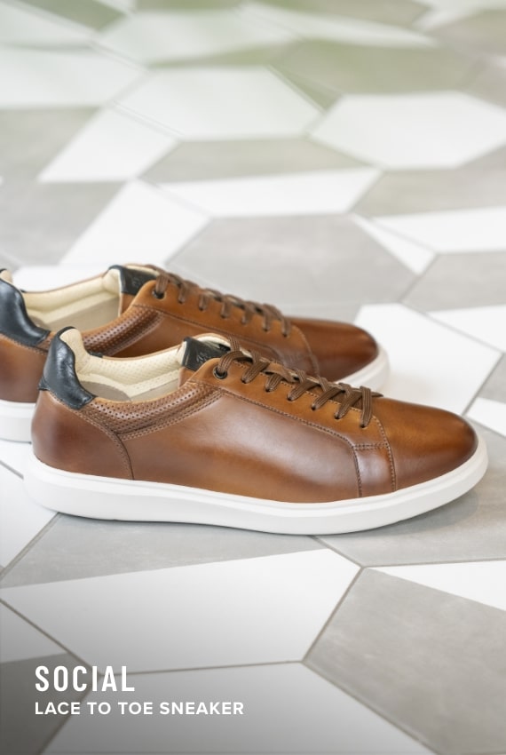 Men's Casual Shoes category. Image features the Social sneaker in cognac.