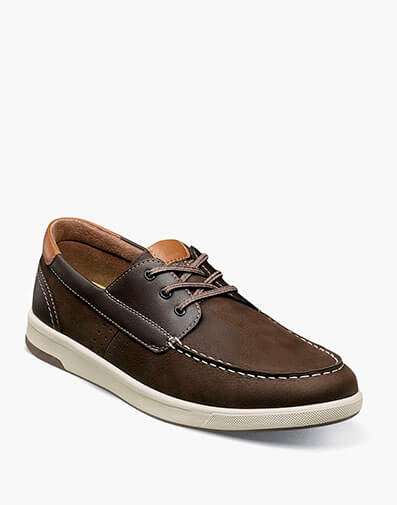 Crossover Elastic Lace Moc Toe Boat Shoe in Brown Nubuck for $110.00 dollars.